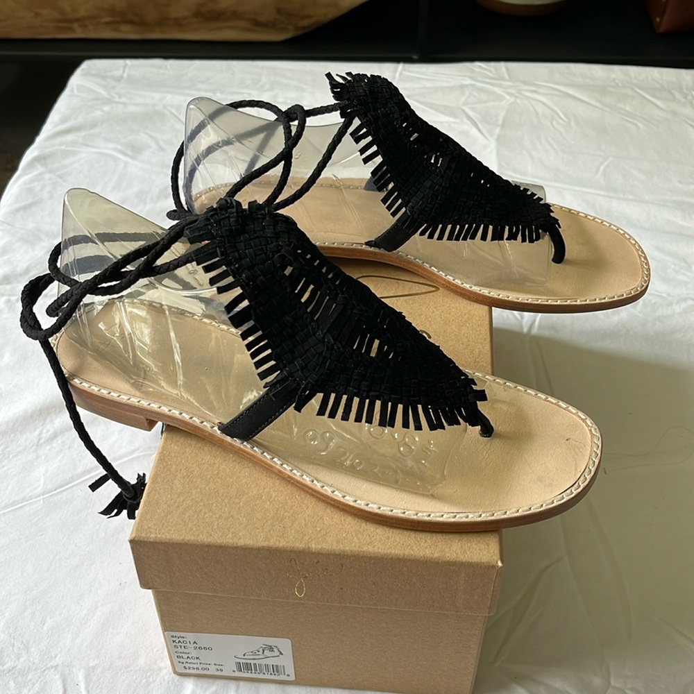 Joie NIB Kacia Black Suede Woven Thong Sandals With Ankle Ties- Black- Size 9